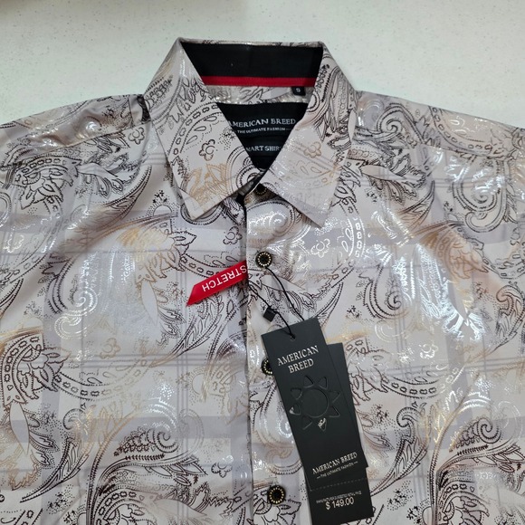 American Breed Other - American Breed Mens Smart Shirt Short Sleeve Metallic Paisley Beige Gold Small
